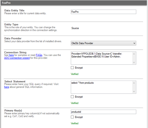 Sample configuration for FoxPro Integration