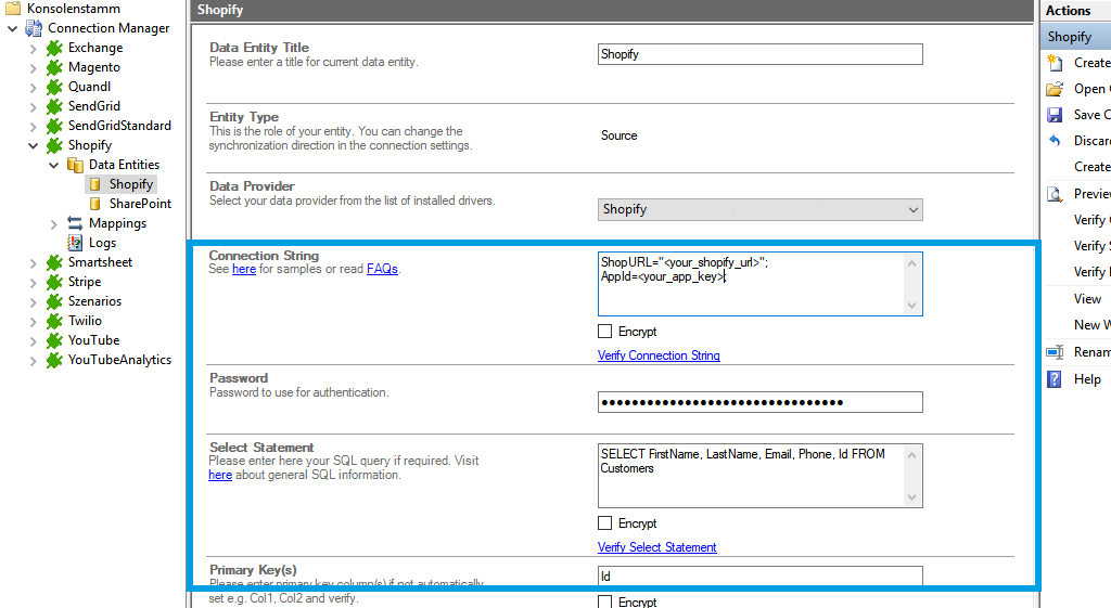 Connection string setup for Shopify data integration in the Layer2 Cloud Connector