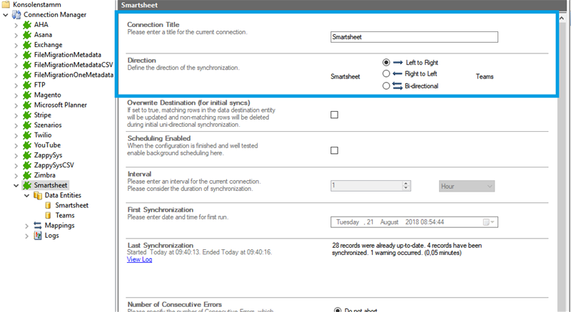 Connection setup for Smartsheet in the Layer2 Cloud Connector