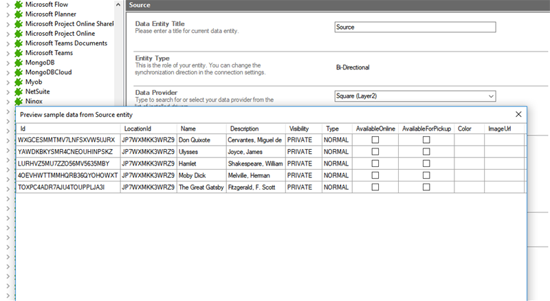 Preview data of Square integration in the Layer2 Cloud Connector