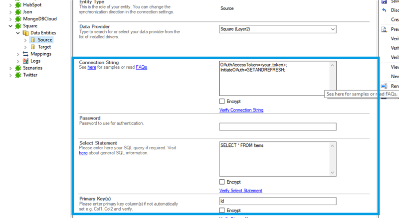 Connection string setup for Square data integration in the Layer2 Cloud Connector