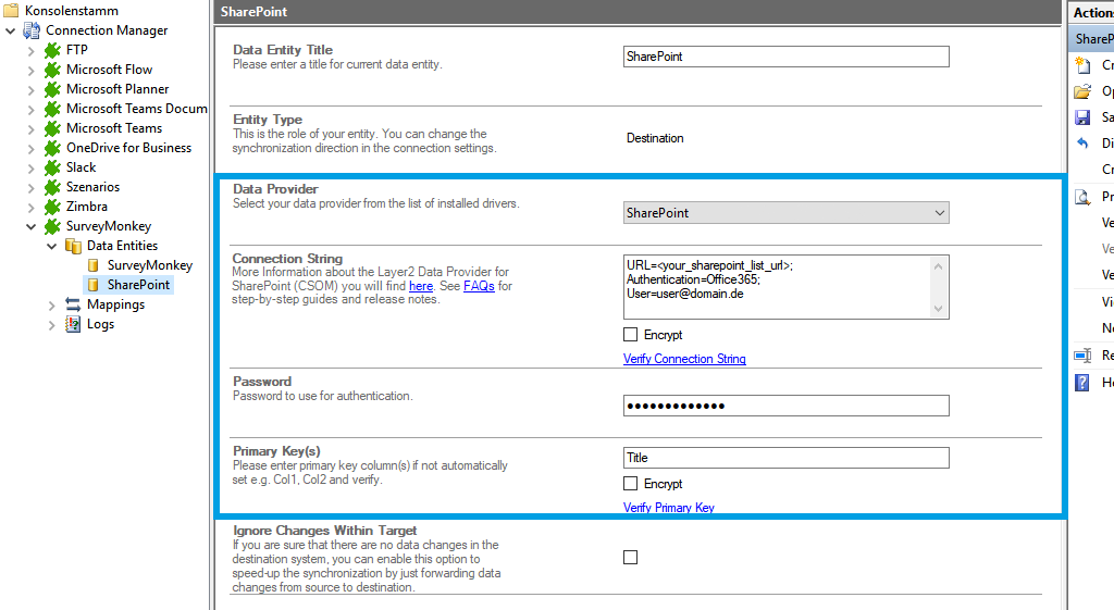 Target setup for SurveyMonkey integration in the Layer2 Cloud Connector