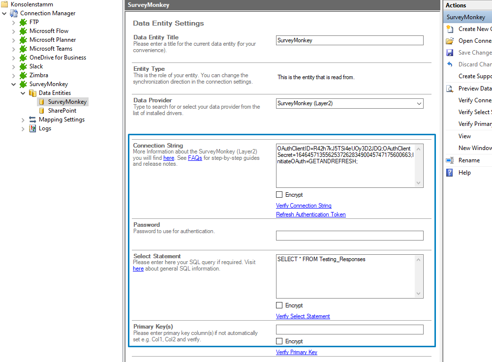 Connection string setup for SurveyMonkey data integration in the Layer2 Cloud Connector