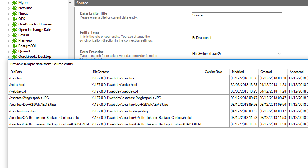 Preview data of webdav integration in the Layer2 Cloud Connector