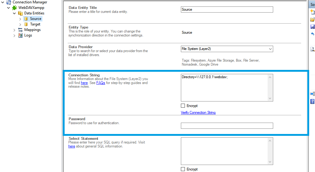 Connection string setup for webdav data integration in the Layer2 Cloud Connector