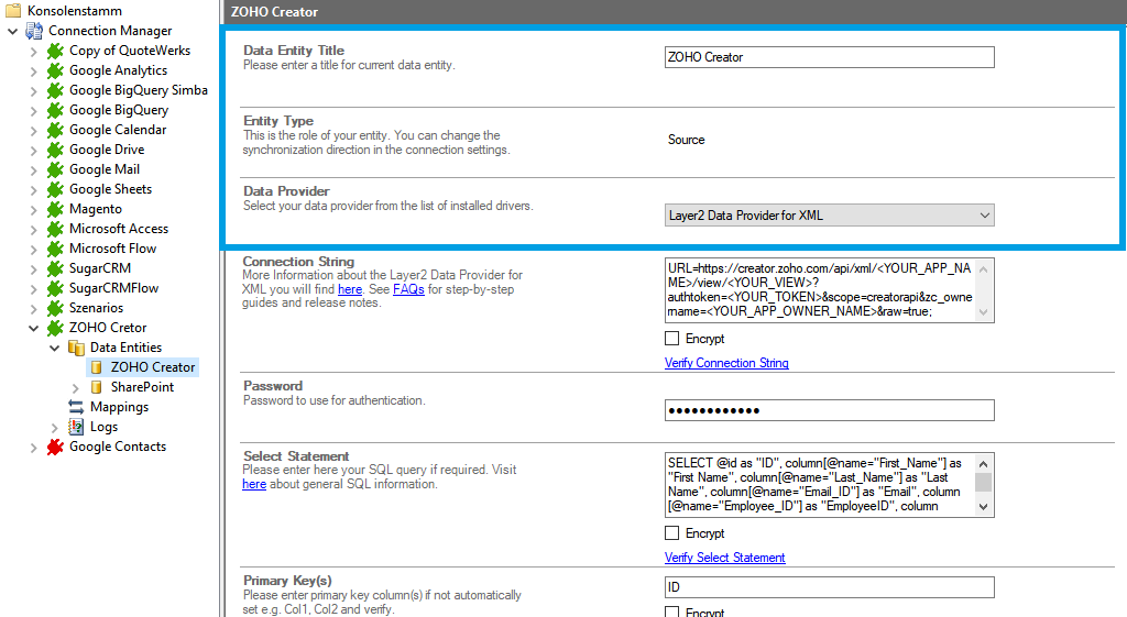 Soruce setup in the Layer2 Cloud Connector for zoho creator integration