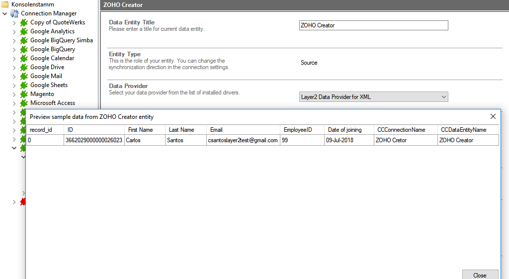 Preview data for zoho data integration 