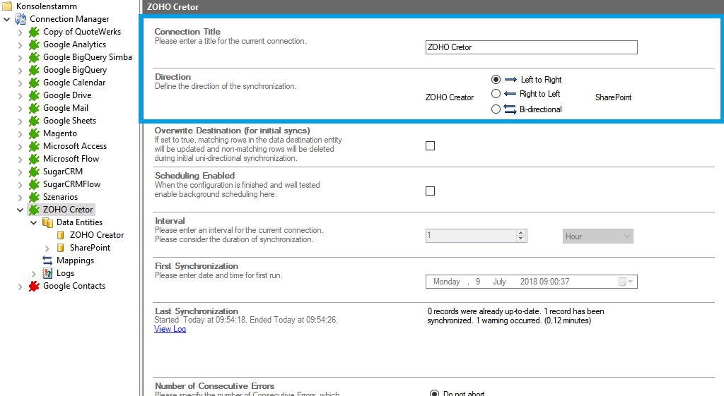 setup connection in the Layer2 Cloud Connector for Zoho Creator integration