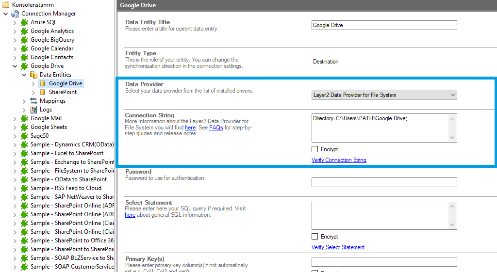 Connection string configuration in the Layer2 Cloud Connector for Google Drive data integration